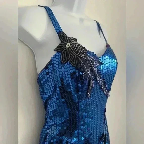 Vintage Alyce Designs Sapphire Blue Sequin Beaded Dress Size 8 - Picture 5 of 12